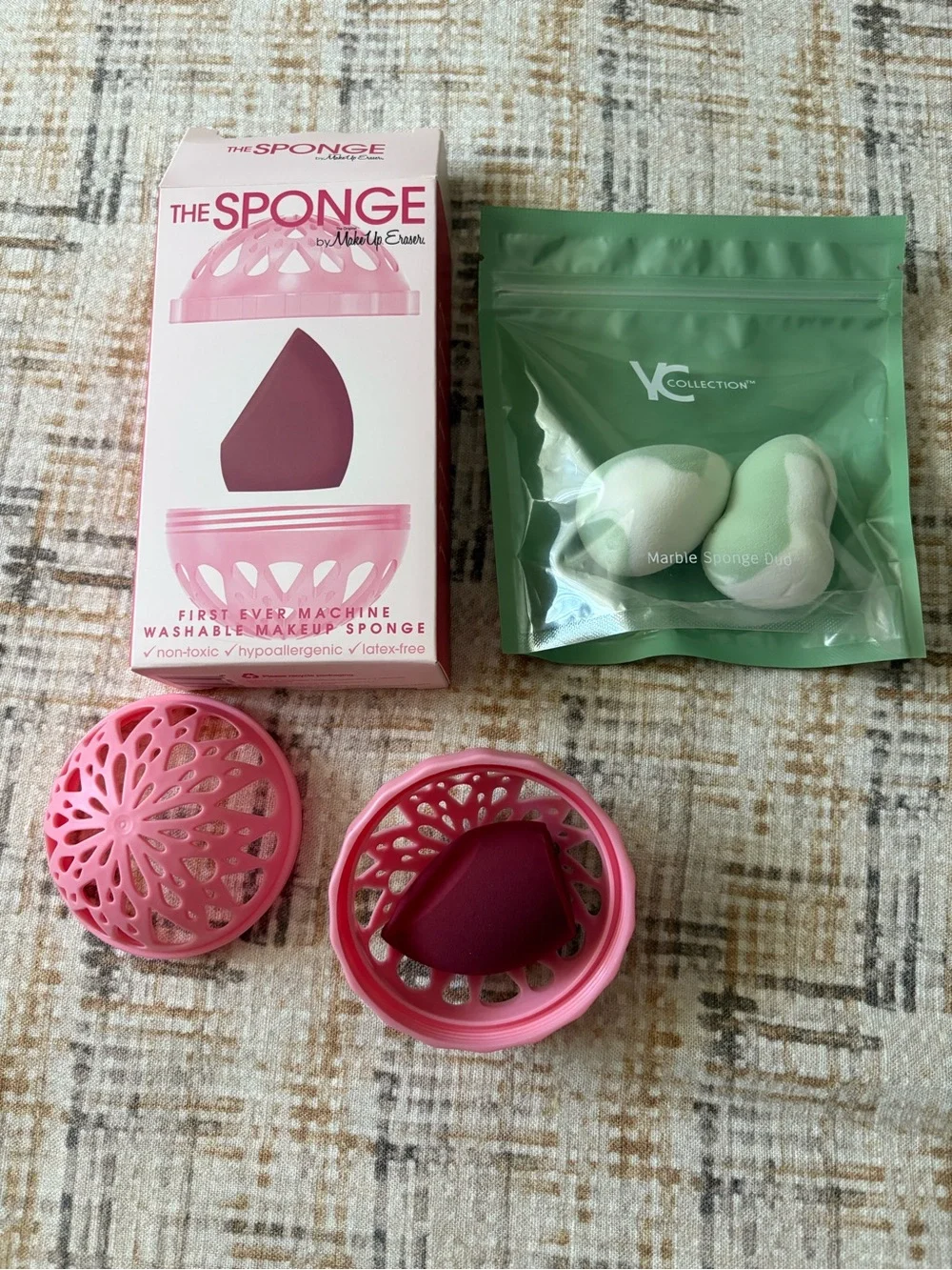 BUNDLE * MakeUp Eraser The Sponge Pink Box with Green Marble Makeup Sponges
